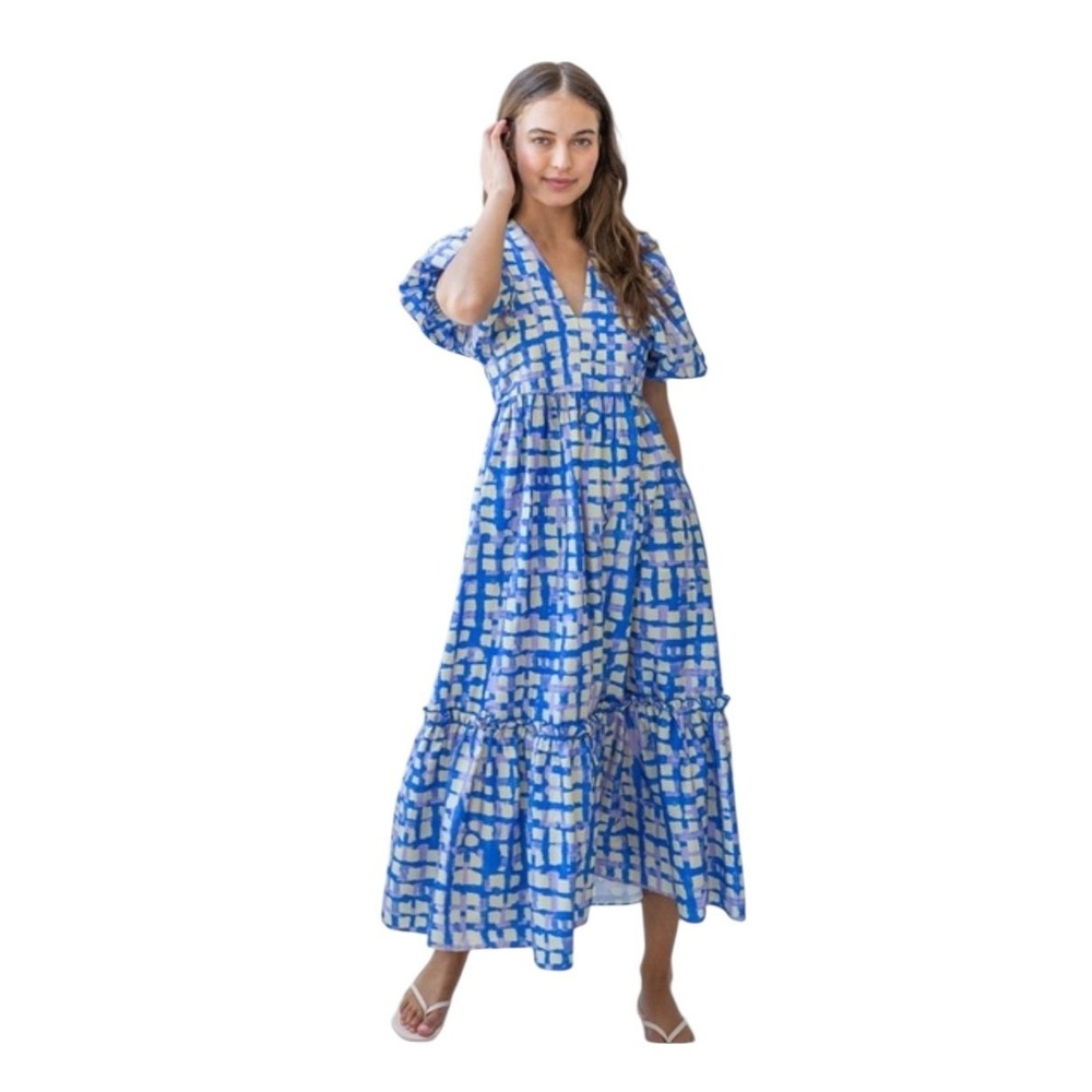 Hunter Bell New York Palmer Cobblestone Plaid Puff‎ Sleeve Midi Dress XS  Ruffle